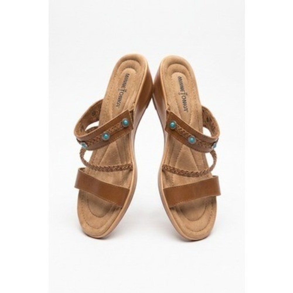 Minnetonka‎ Sandals Women 10 Brown Leather Slide Wedge Turquoise Studded Comfort